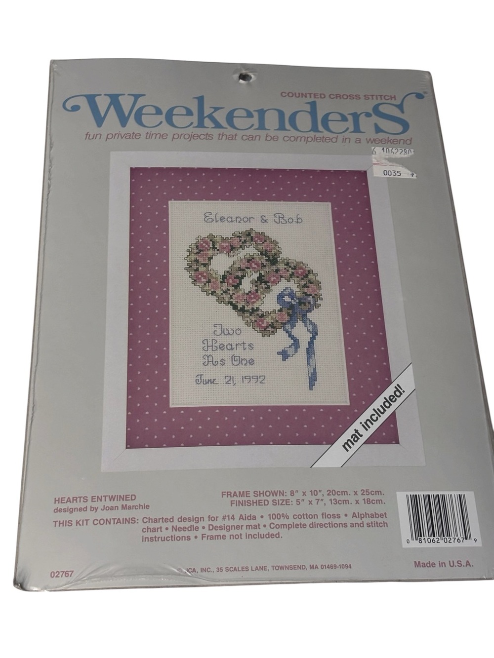 JCA Weekenders Hearts Entwined Counted Cross Stitch Kit #02767 Wedding Gift